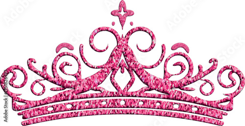 A decorative ornate tiara illustration in bright pink glitter with elegant swirling filigree details