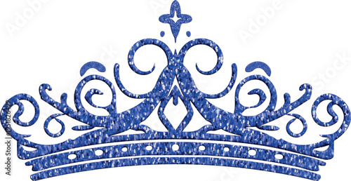 An ornate blue glitter tiara with intricate swirling filigree details is centered