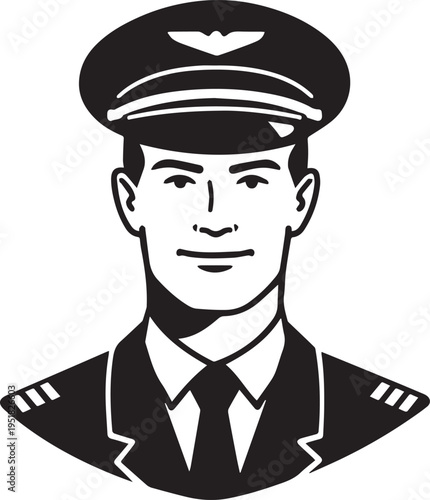 Hand Drawn Male Pilot Black and White Avatar Illustration in Minimal Line Art Style Design