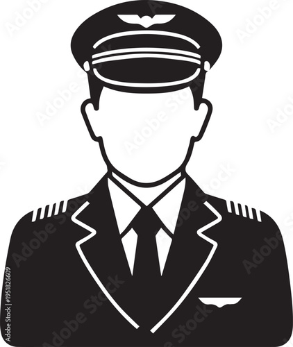 Hand Drawn Male Pilot Black and White Avatar Illustration in Minimal Line Art Style Design
