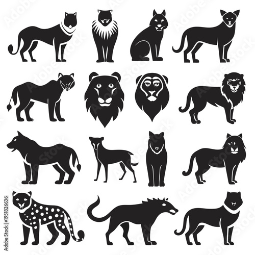 Collection of various black silhouette feline and canine animals