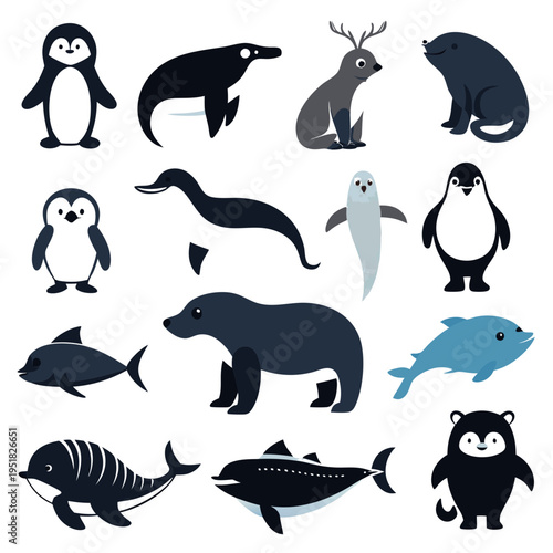 Collection of stylized arctic animals flat vector illustration set