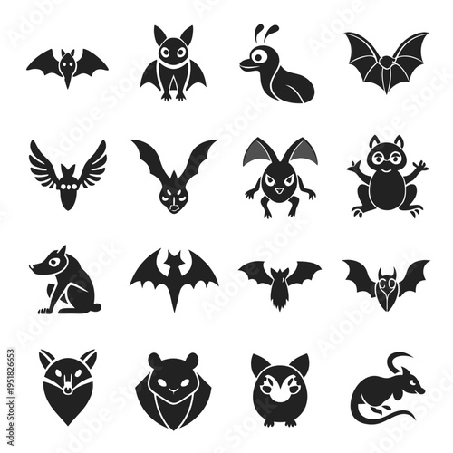 Collection of stylized animal and bat illustrations in black