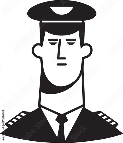 Hand Drawn Male Pilot Black and White Avatar Illustration in Minimal Line Art Style Design
