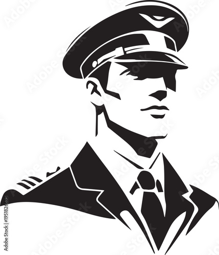 Hand Drawn Male Pilot Black and White Avatar Illustration in Minimal Line Art Style Design