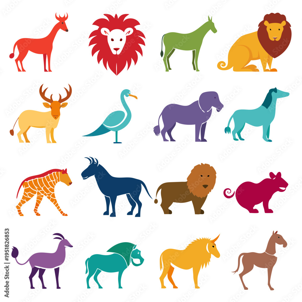 Obraz premium Colorful Animal Icons Collection in Flat Graphic Style