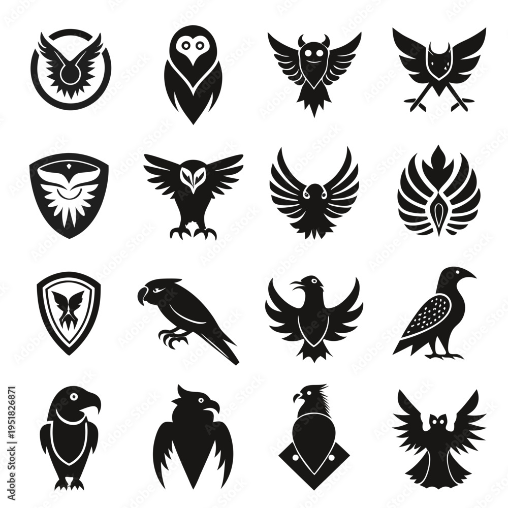 Naklejka premium Black and white vector silhouettes of birds of prey