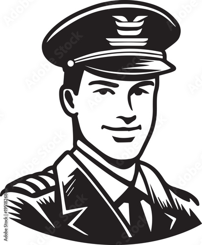 Hand Drawn Male Pilot Black and White Avatar Illustration in Minimal Line Art Style Design