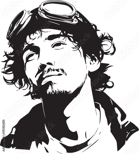 Hand Drawn Male Pilot Black and White Avatar Illustration in Minimal Line Art Style Design