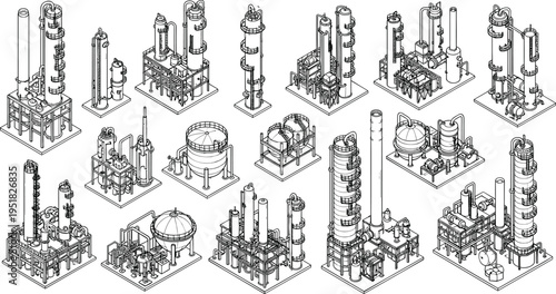 Isometric petrochemical refinery equipment vector illustration, industrial processing units and distillation towers, oil and gas plant machinery, chemical factory engineering set