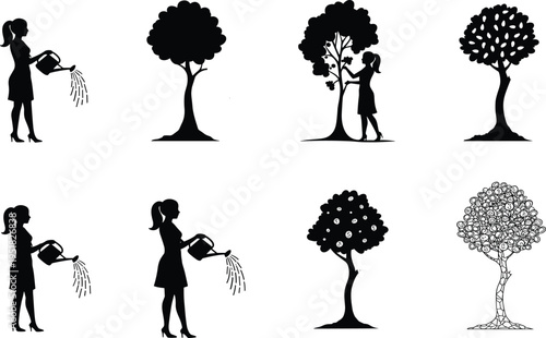 Tree growth illustration, investment nurturing icons, financial development figures, money fruit design, wealth creation graphic, sustainability posture set, economic progress outline