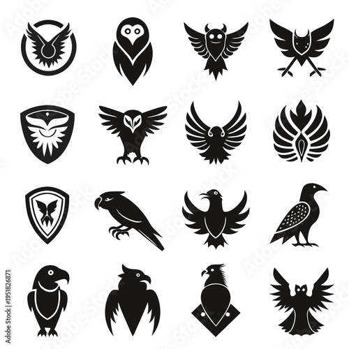 Black and white vector silhouettes of birds of prey