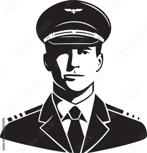 Hand Drawn Male Pilot Black and White Avatar Illustration in Minimal Line Art Style Design
