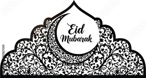 Eid mubarak floral arabesque dome with crescent moon for greeting card