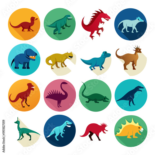Flat illustration of diverse dinosaur species in colorful circle icons