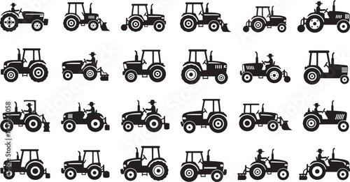 Rural Tractor Silhouette Arrangement on White Background
