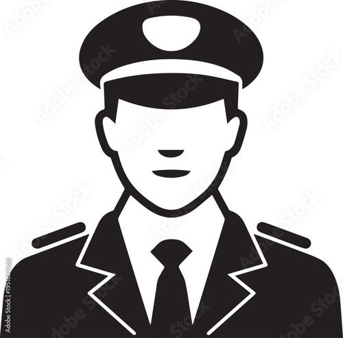 Hand Drawn Male Pilot Black and White Avatar Illustration in Minimal Line Art Style Design