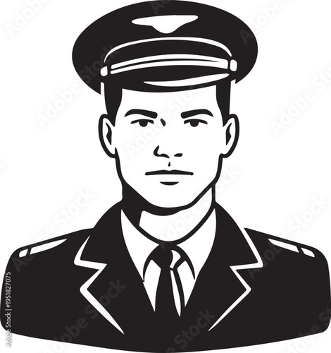 Hand Drawn Male Pilot Black and White Avatar Illustration in Minimal Line Art Style Design