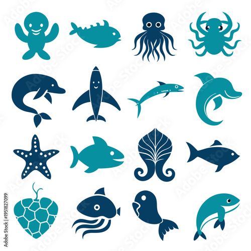 Collection of Blue Ocean Creatures Icons on White Background