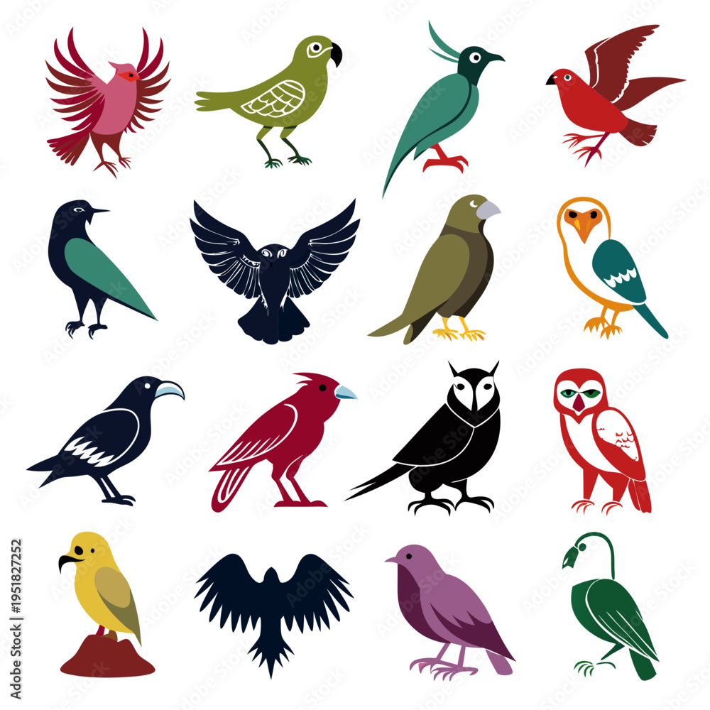 Naklejka premium Collection of stylized birds on white background illustration art