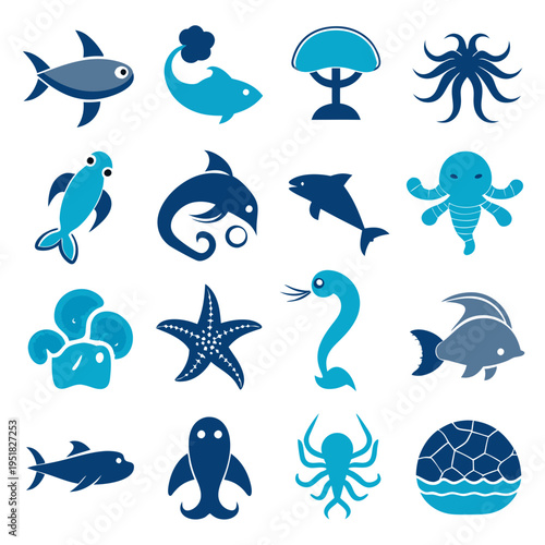 Collection of flat style marine animal vector illustrations set