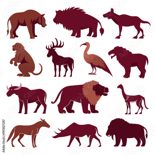 Vector illustration of stylized prehistoric animals against white backdrop