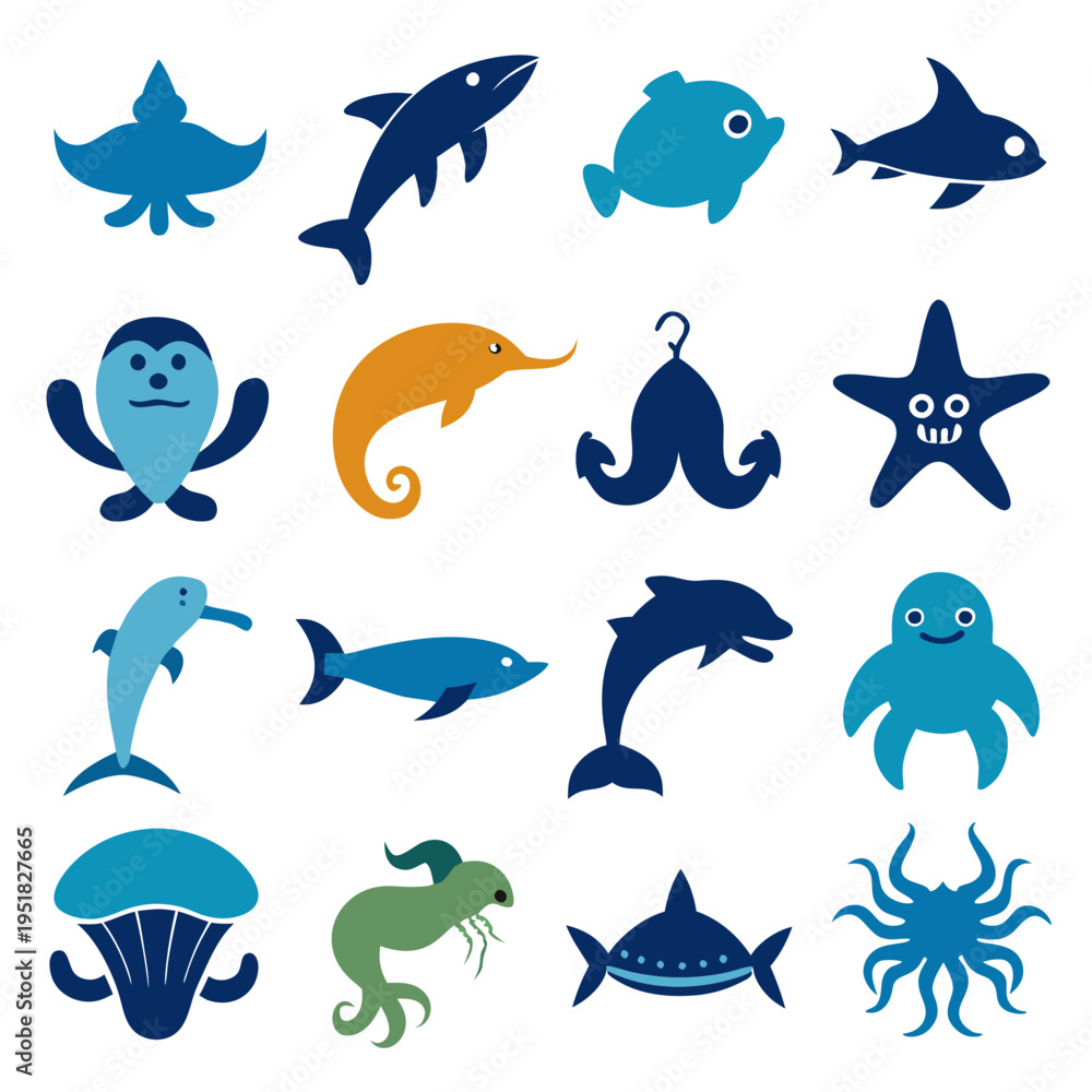 Obraz premium Collection of playful sea creatures vector icons on white
