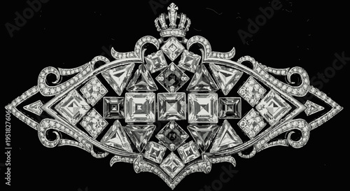 Elegant Diamond Jewelry Brooch with Crown Motif, Detailed Silverwork