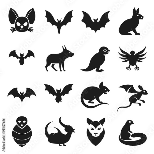 Monochrome mythical creatures and animals collection silhouette style design