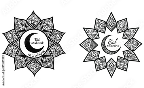 Islamic mandala ornament with crescent moon for eid mubarak celebration