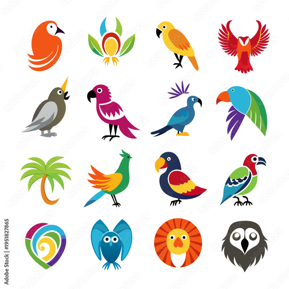 Fototapeta premium Collection of brightly colored stylized birds and related icons