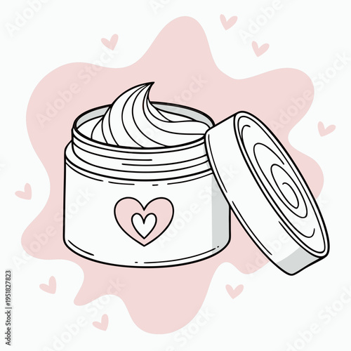 Open cosmetic cream jar with product swirl and heart design on pink background with floating hearts