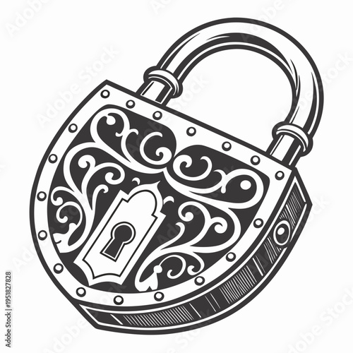 Exquisite vintage padlock with intricate scrollwork and classic keyhole design in monochrome style