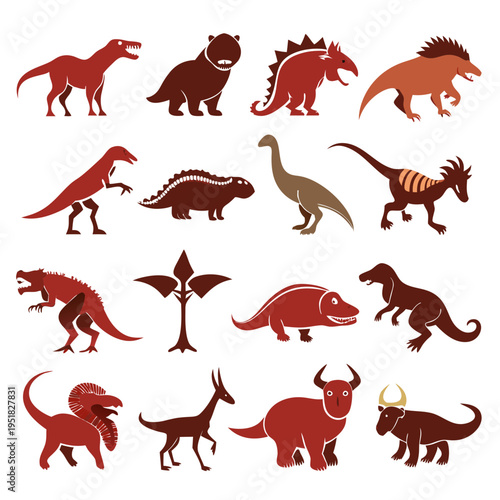 Flat vector illustration of diverse dinosaurs and tree designs