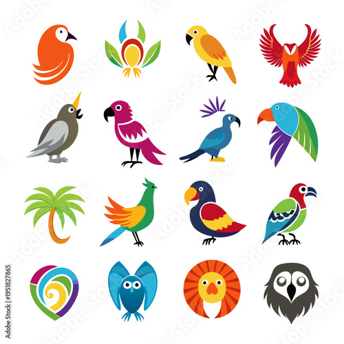 Collection of brightly colored stylized birds and related icons