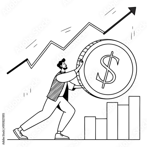 Determined businessman pushing dollar coin up growing bar graph for financial investment concept