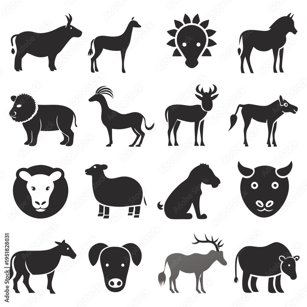 Obraz premium Monochrome Vector Collection of Diverse Wildlife Silhouettes