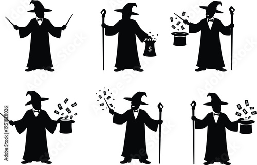 Wizard silhouette illustration, money magic icons, financial wizardry figures, currency conjuring design, wealth creation graphic, magical economy set, fantasy finance outline