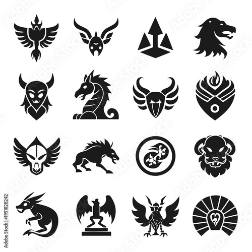 Assorted mythical creature and heraldry symbol silhouette collection