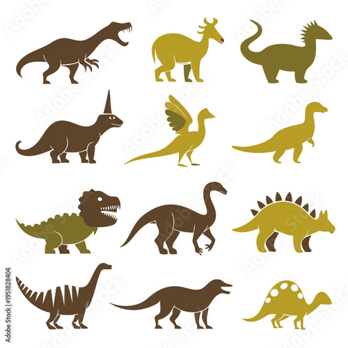 Assorted flat vector dinosaur silhouettes on a white background