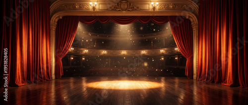 Dramatic empty theater stage with rich red velvet curtains and a glowing spotlight ready for a performance or presentation