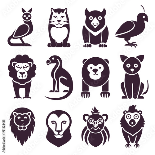 Collection of stylized animal icons on a white background