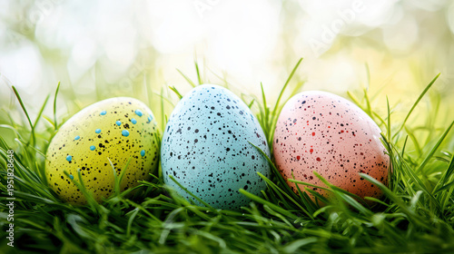 Three speckled Easter eggs painted in pastel colors rest in a bed of vibrant green grass with a softly blurred background suggesting sptime celebrations.
