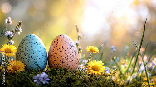 Two speckled Easter eggs led among daisies and mossy grass bask in the warm glow of a sunlit sp meadow, creating a peaceful and festive scene.