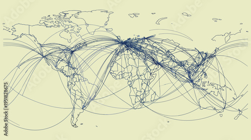 Modern World Air Route Map Line Vector, Global Flight Network Minimal Illustration