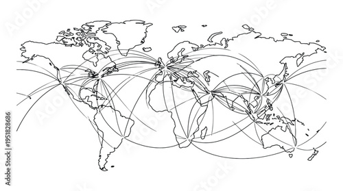 Modern World Air Route Map Line Vector, Global Flight Network Minimal Illustration