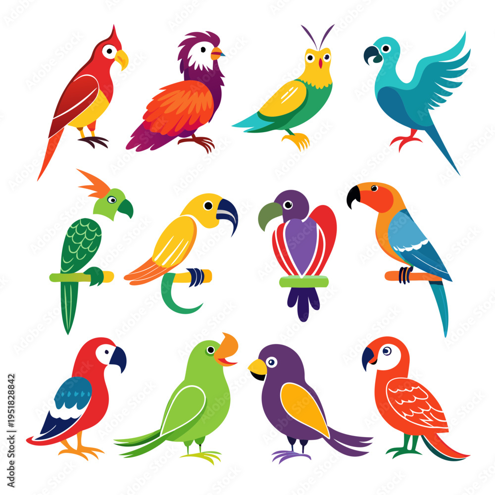 Obraz premium Colorful cartoon parrots illustration on white background vector image