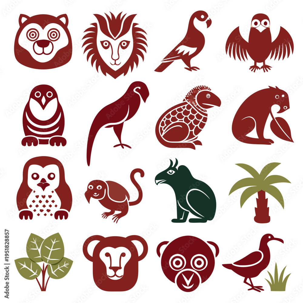 Obraz premium Collection of stylized jungle animals and flora on white