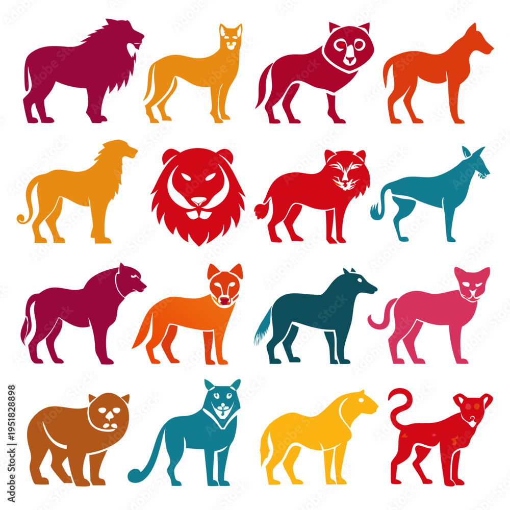 Fototapeta premium Vector animal icons illustration diverse collection vibrant colors