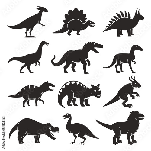 Silhouette icons of various dinosaurs in vector format